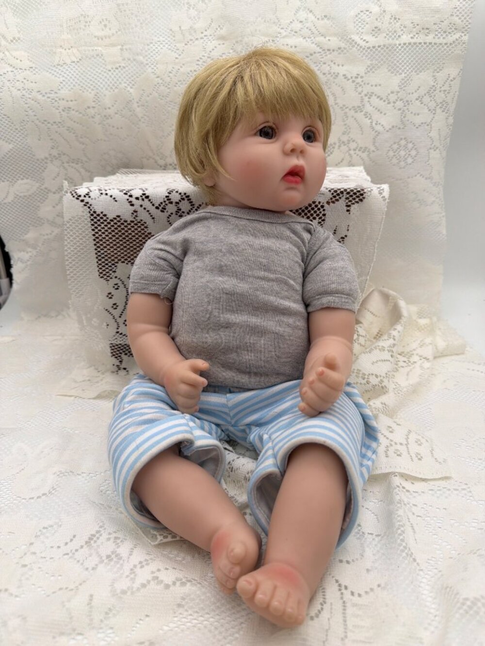 Realistic Baby Doll With Blonde Hair & Blue Eyes In Gray & Striped Outfit 18 Inc